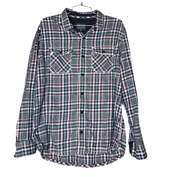 FatFace Plaid Flannel Long Sleeve Button Front Western Blue Grey Red Men's Large - Picture 1 of 11